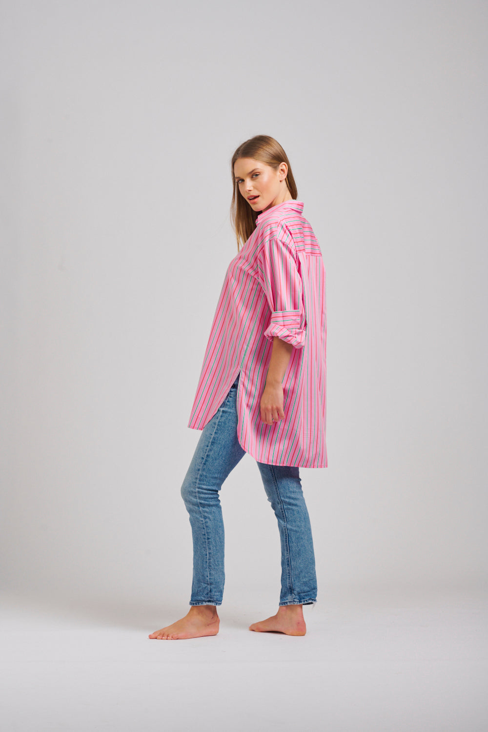 The Oversized Boyfriend Shirt - Pink Multi Stripe