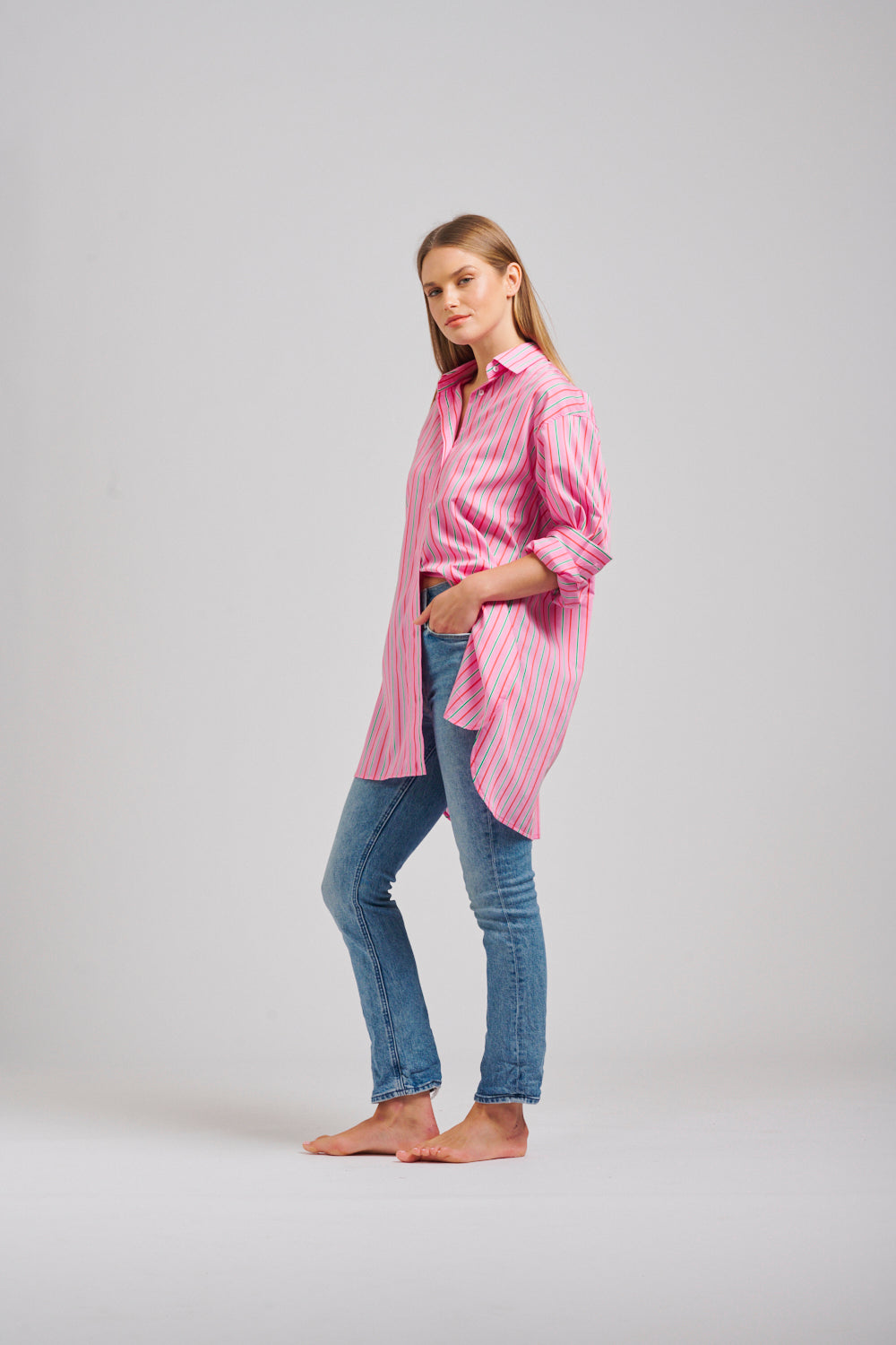 The Oversized Boyfriend Shirt - Pink Multi Stripe