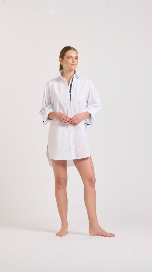 The Boyfriend Shirt - White with Navy Trim