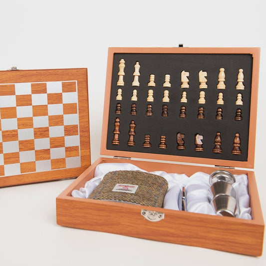 Chess Set with Harris Tweed Hip Flask & Cups