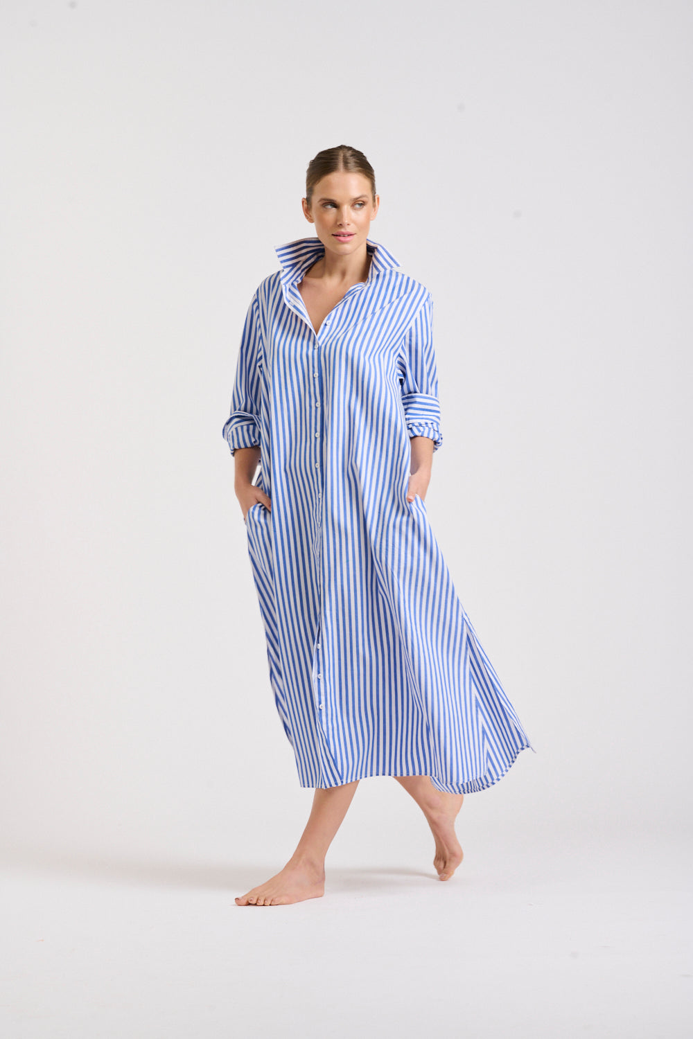 The Luna Oversized Long Shirtdress - Blue/White Stripe