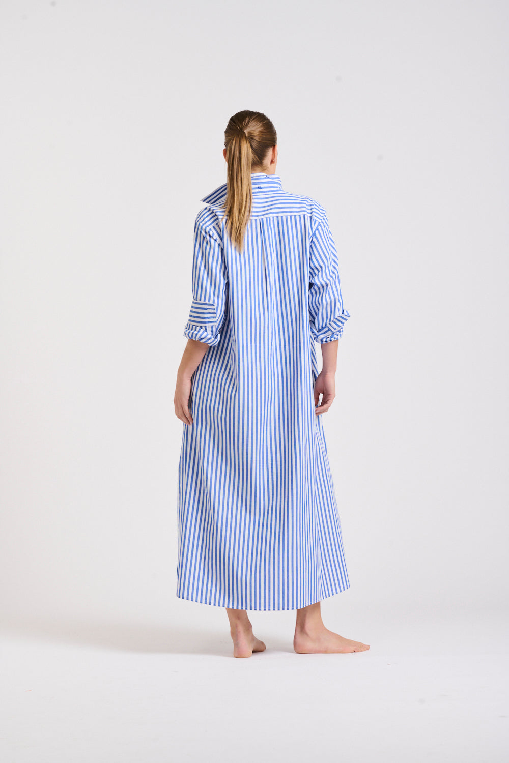 The Luna Oversized Long Shirtdress - Blue/White Stripe