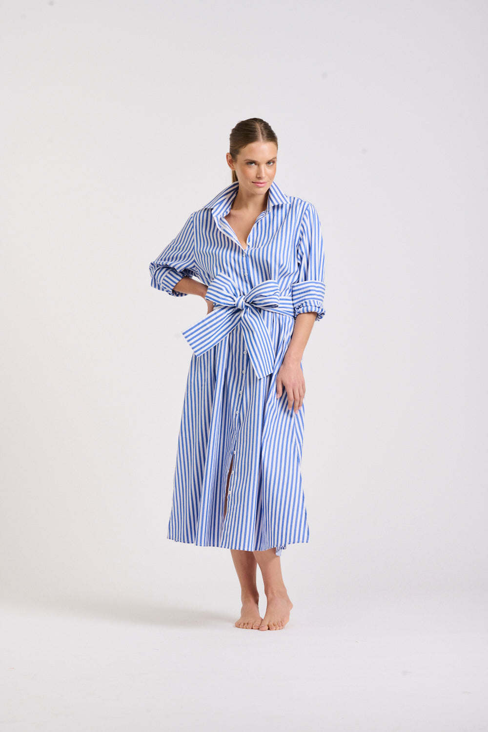 The Luna Oversized Long Shirtdress - Blue/White Stripe