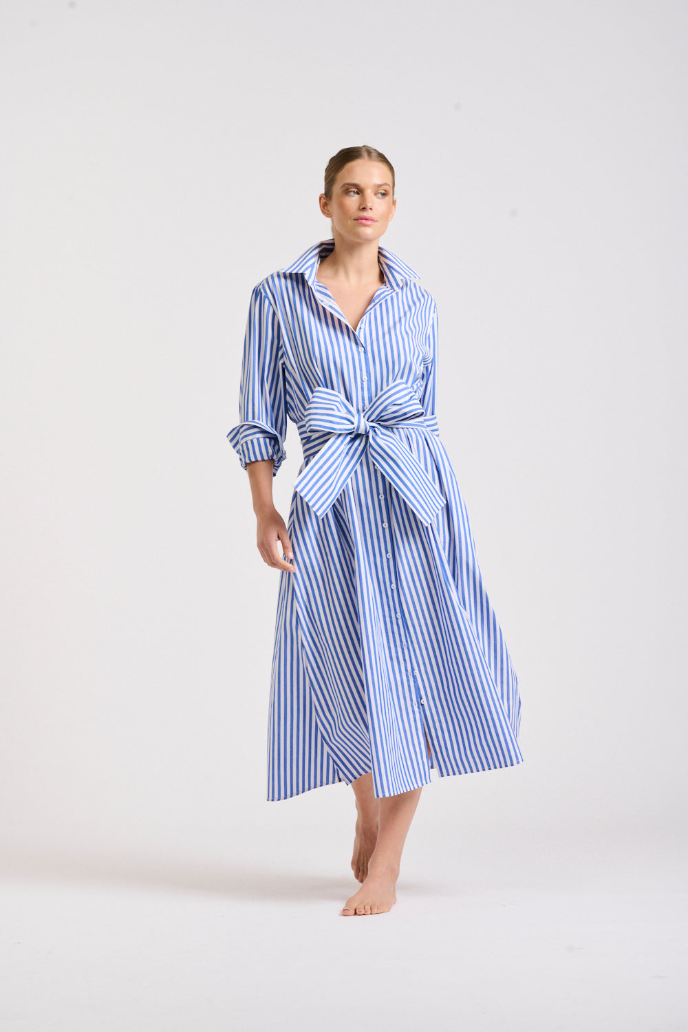 The Luna Oversized Long Shirtdress - Blue/White Stripe