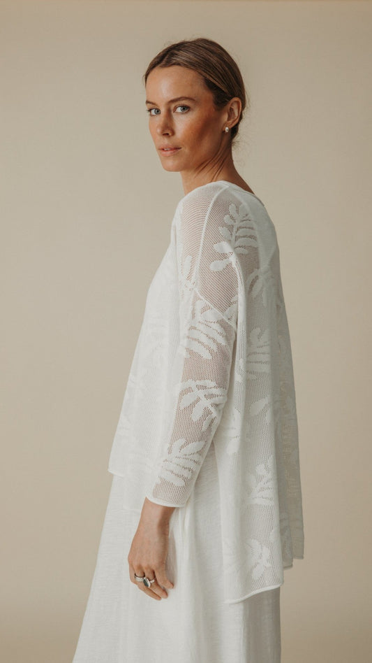 Palm Leaf Intarsia Pullover - White