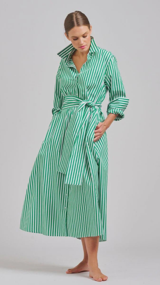 The Luna Oversized Long Shirtdress - Apple Green Stripe