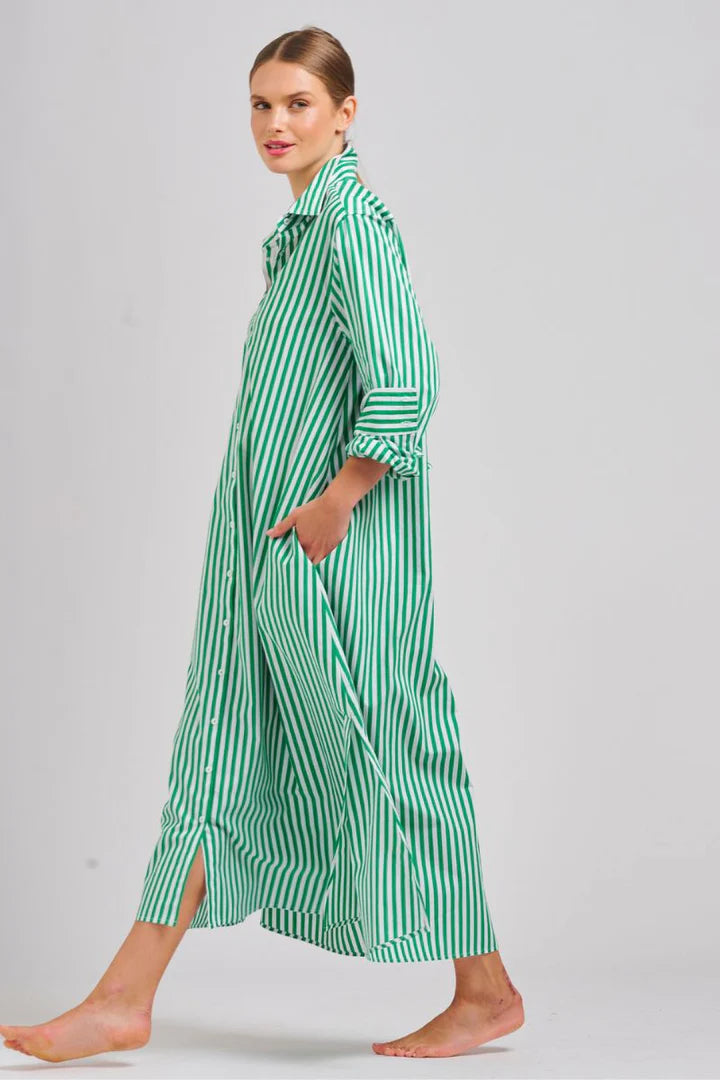 The Luna Oversized Long Shirtdress - Apple Green Stripe