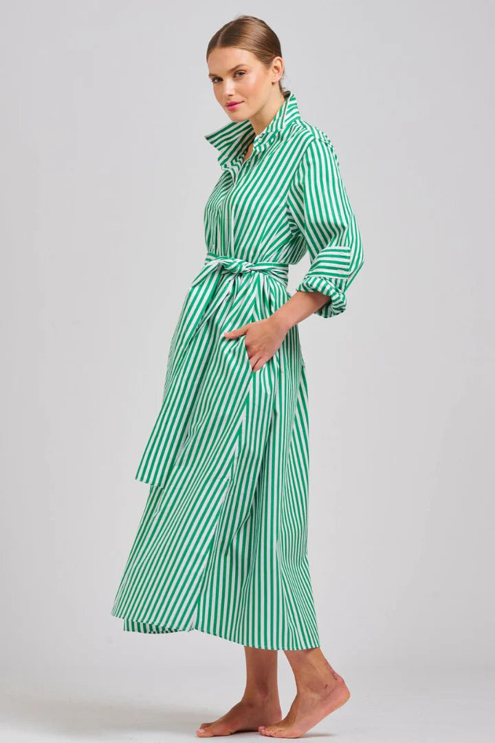 The Luna Oversized Long Shirtdress - Apple Green Stripe