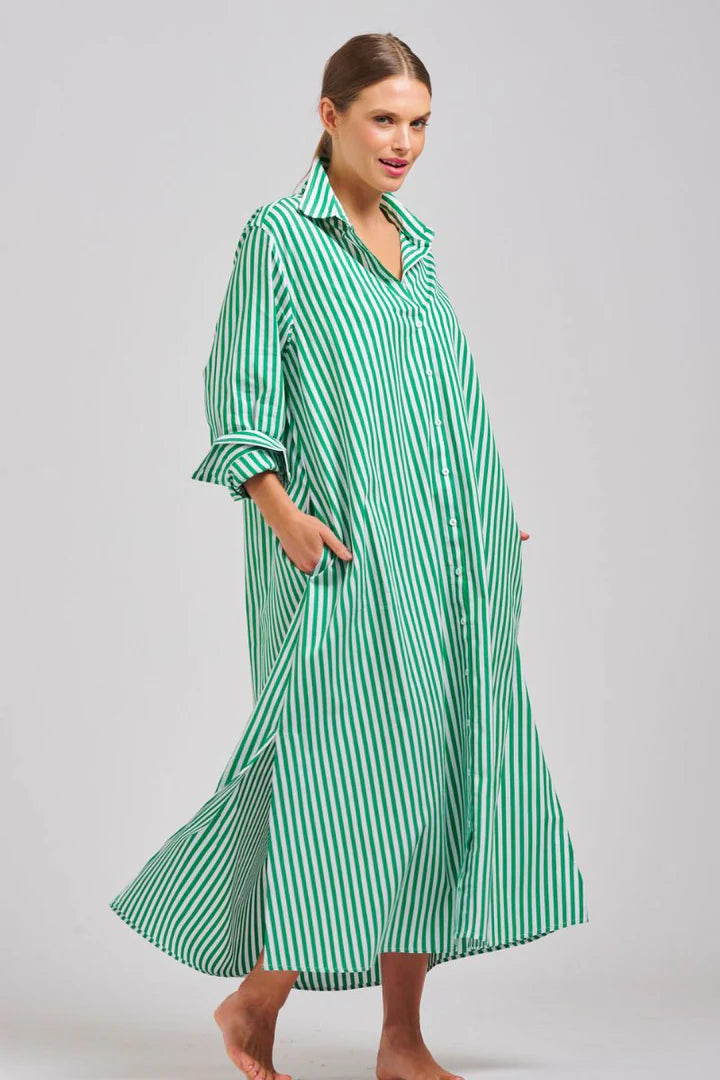 The Luna Oversized Long Shirtdress - Apple Green Stripe