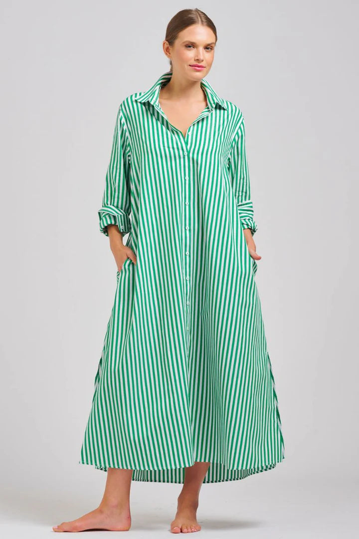 The Luna Oversized Long Shirtdress - Apple Green Stripe