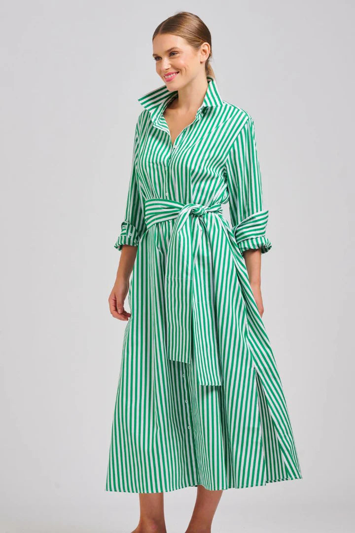 The Luna Oversized Long Shirtdress - Apple Green Stripe