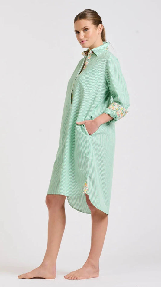 The Classic Shirtdress - Green Stripe/Floral Trim