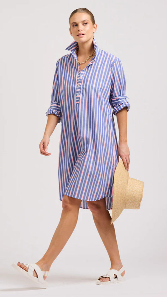 The Popover Shirtdress - Chambray Pink Stripe