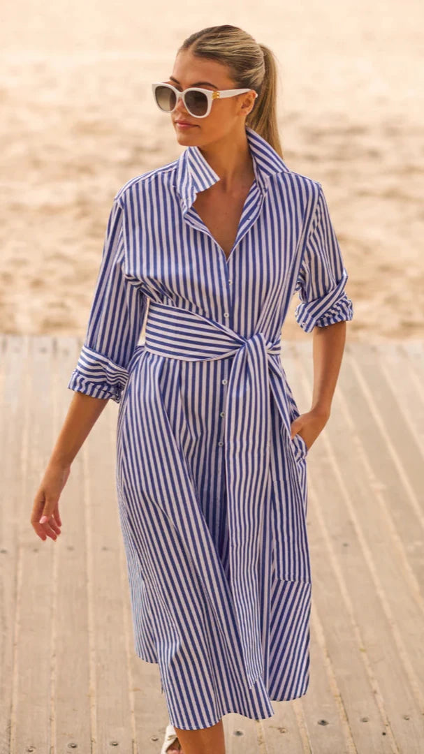 The Luna Oversized Long Shirtdress - Blue/White Stripe